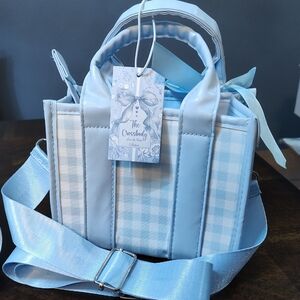 Light Blue Gingham Crossbody Tote Bag